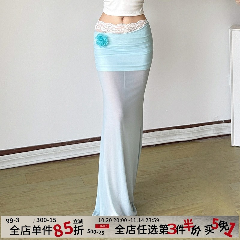 MSYOUCAN 柔焦感度假风蕾丝拼接立体花卉长裙纯欲蓝色网纱半身裙