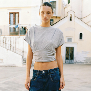 辣妹上衣 蝙蝠袖 MSYOUCAN 时髦极简纯色褶皱收腰显瘦圆领T恤女修身