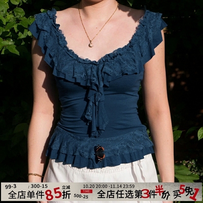 复古百搭中世纪荷叶边蕾丝V领T恤