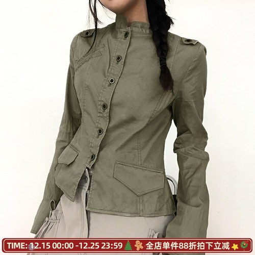 年代感工业风排扣做旧工装短外套