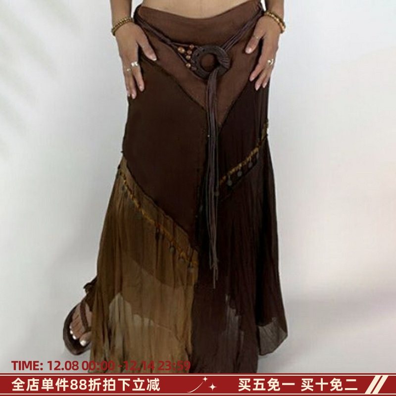 禅意檀木vintage复古拼布半身裙