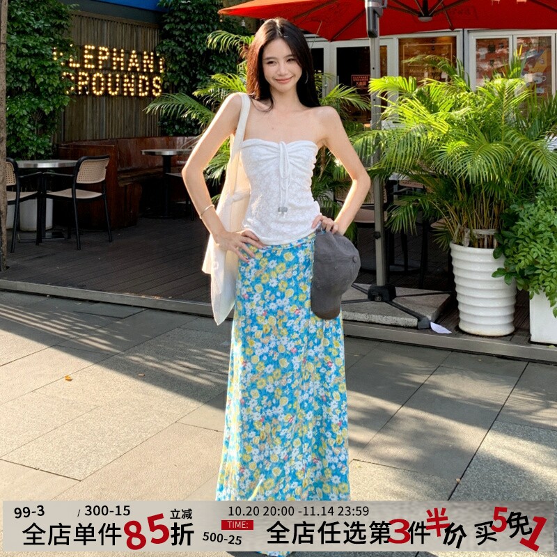 MSYOUCAN 多巴胺清甜度假风纯欲两件套装辣妹系带抹胸+碎花半身裙
