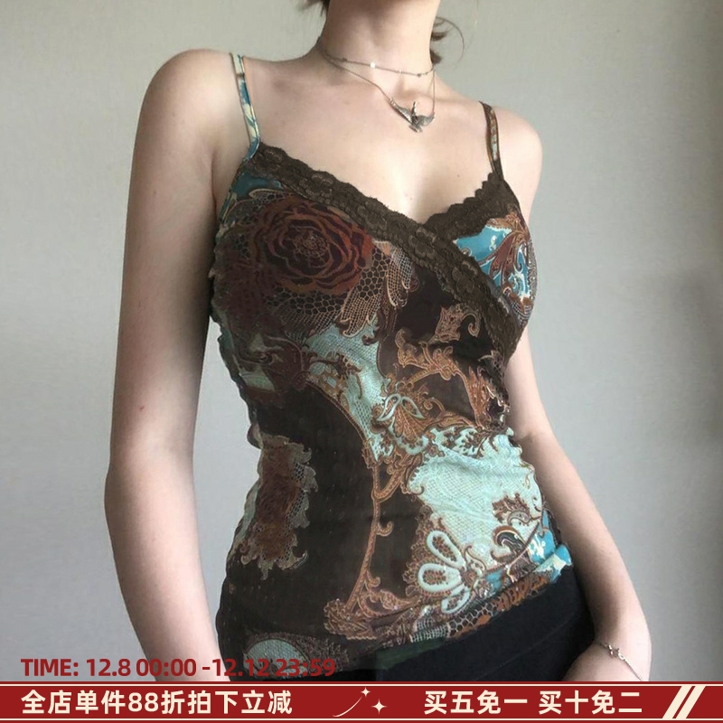 MSYOUCAN 中古做旧感vintage撞色印花背心蕾丝拼接收腰吊带短上衣