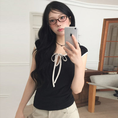 韩系文艺少女感复古蝴蝶结T恤