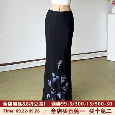 MSYOUCAN 鬼魅幽兰紫色系植物印花半身裙低腰垂感复古直筒长裙女
