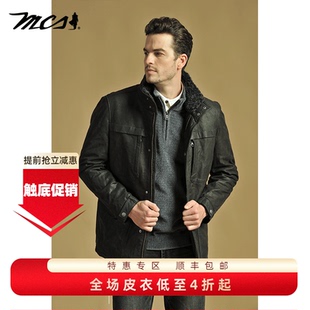 MCS男装绵羊皮真皮皮衣冬款毛领休闲羽绒皮派克夹克保暖中年外套