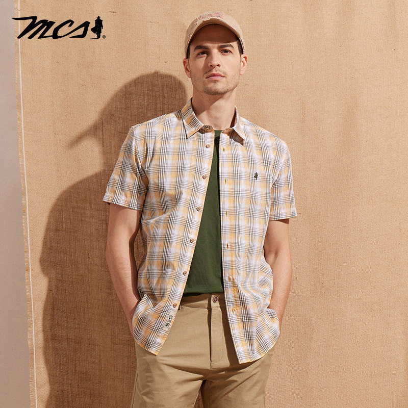 MCS万宝路男装夏季短袖衬衣合身版潮流休闲百搭帅气格子半袖衬衫