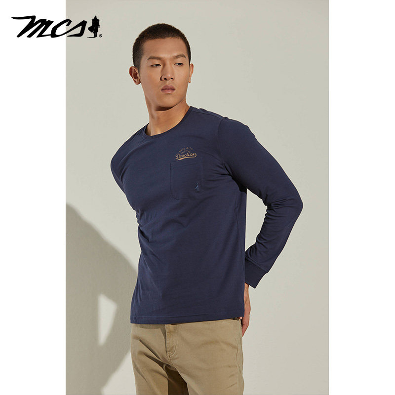 MCS万宝路男装100%棉圆领长袖T恤春秋季中青年修身打底衫爸爸装