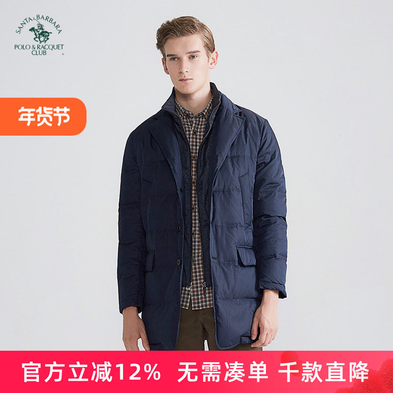 圣大保罗男装西装领中长款羽绒服冬季修身加厚保暖男士外套白鸭绒