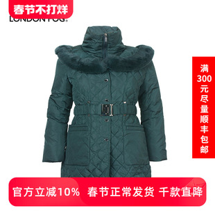 LONDON FOG/伦敦雾冬装女款中长款羽绒服濑兔毛领收腰显瘦外套女