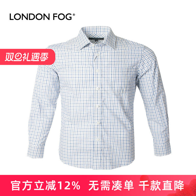 LONDON FOG/伦敦雾纯棉格子衬衫男长袖秋冬商务休闲爸爸装衬衣男