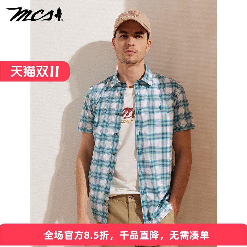 MCS男士棉氨微弹格子短袖衬衫
