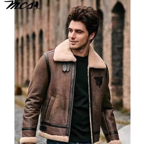 MCS美式复古毛领皮衣短款