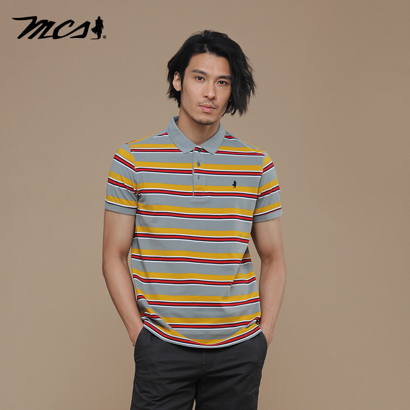 MCS万宝路中年男士纯棉短袖t恤爸爸装夏季条纹POLO衫休闲宽松半袖