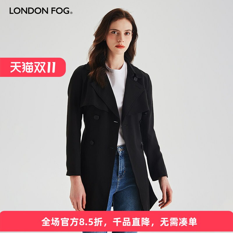 伦敦雾黑色女中长双排扣薄款风衣