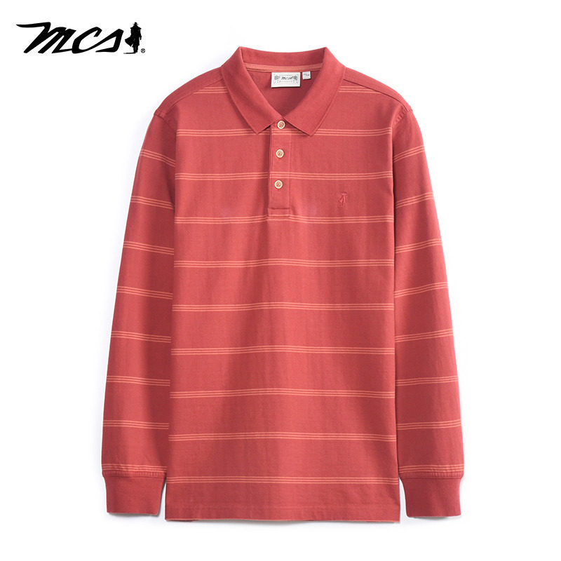 MCS万宝路男装新款上衣春秋POLO衫爸爸装中年翻领条纹男棉长袖t恤