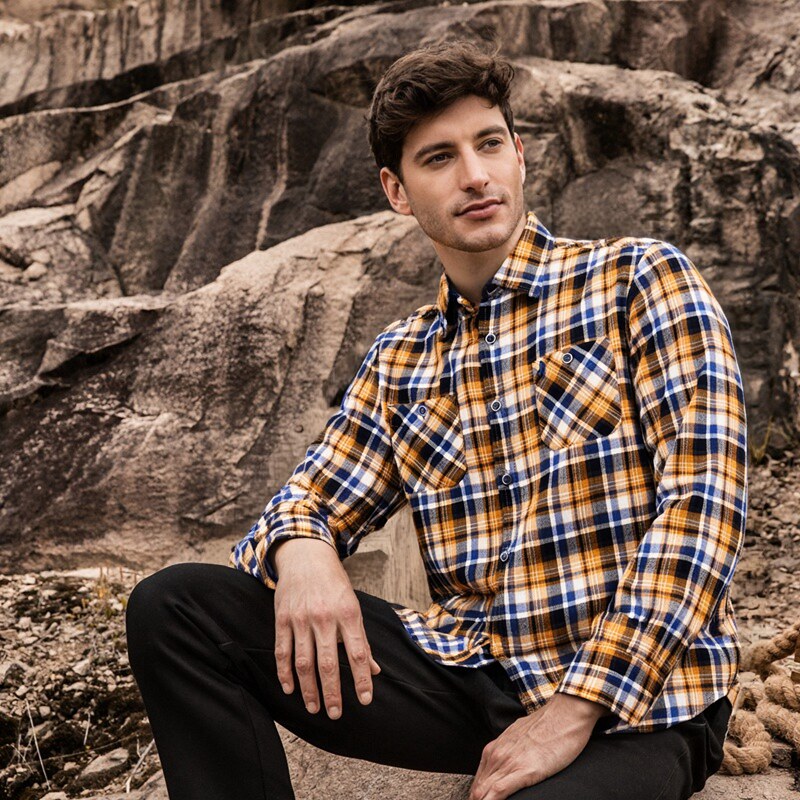 MCS男装美式休闲衬衣做旧格仔长袖衬衫秋冬百搭男士厚款中年纯棉