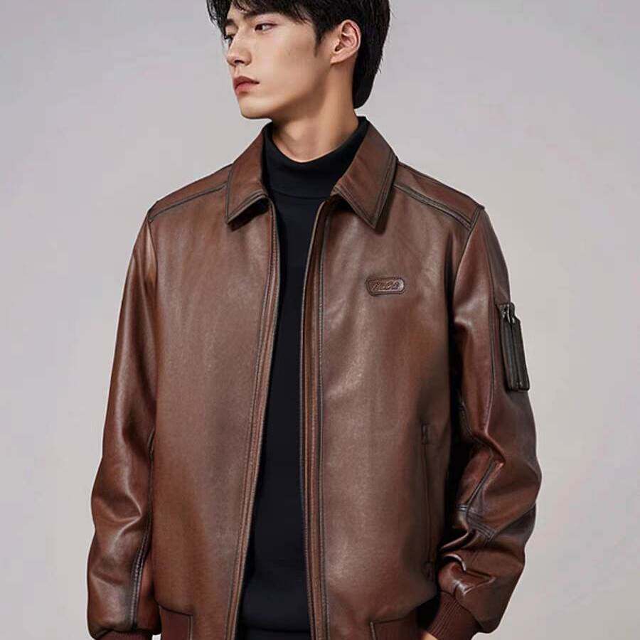 MCS男装绵羊皮真皮皮衣男士休闲外套秋冬季机车风防风皮夹克翻领