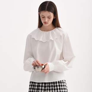 女高级感荷叶边刺绣泡泡袖 衬衫 宽松 复古长袖 DIGBUTY纯棉白色法式