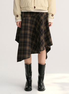 DIGBUTY挪威的冬天'格子半身裙冬毛呢不规则加厚复古格纹a字裙子