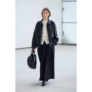 建筑感分割 Maou Create 小翻領(lǐng)黑色高級(jí)感夾克皮衣外套女短款