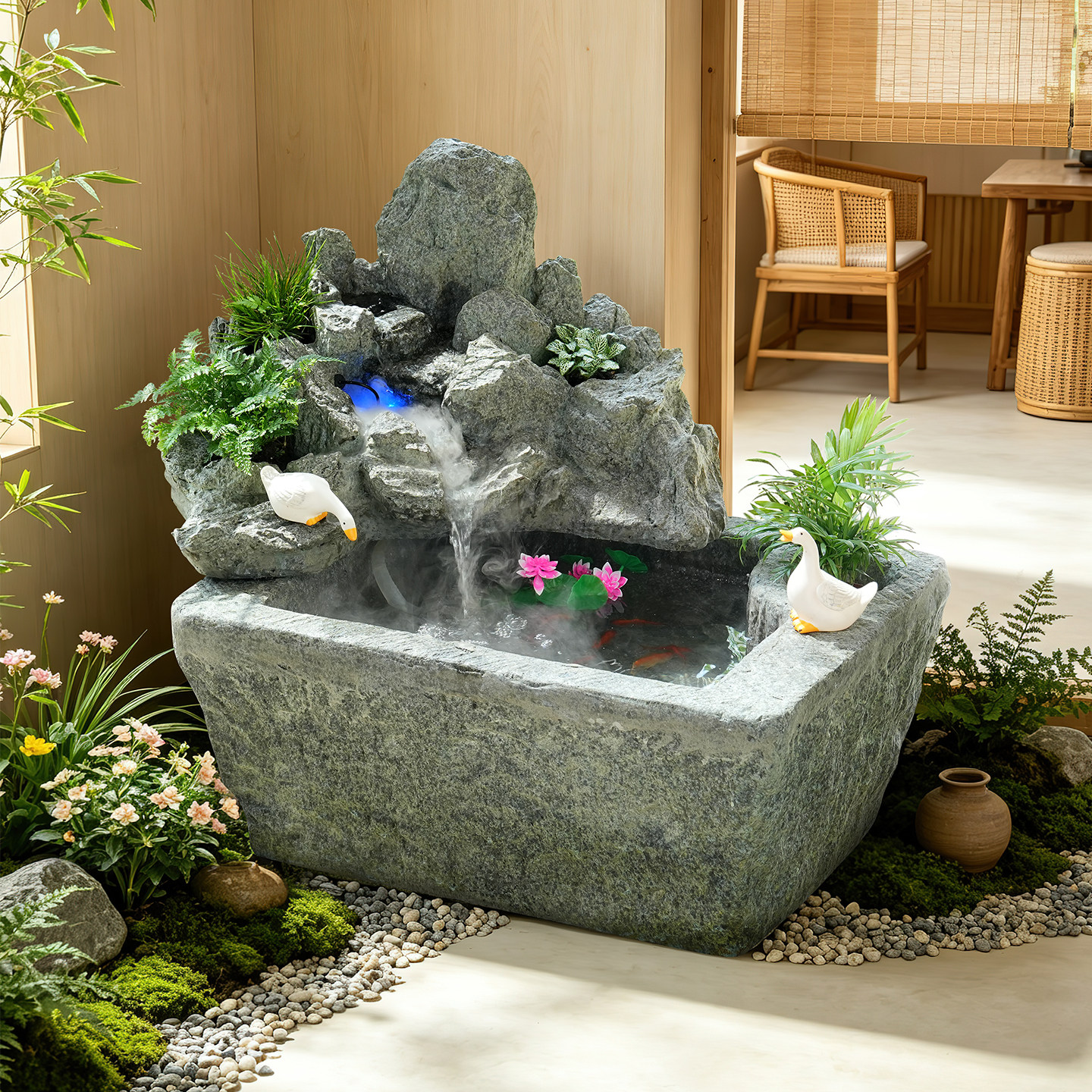 中式假山流水鱼池客厅摆件