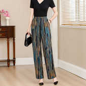 子夏季 九分裤 女士妈妈大码 人造棉薄款 松紧腰休闲裤 中老年棉绸花裤