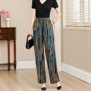 中老年棉绸花裤子夏季女士妈妈大码松紧腰休闲裤人造棉薄款九分裤
