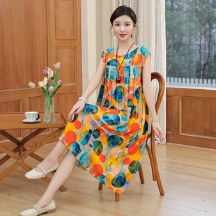 夏季妈妈棉绸连衣裙女加肥加大码宽松睡衣胖mm小个子薄款绵绸睡裙