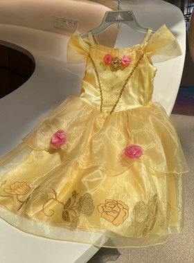 上海现货黄色贝尔公主儿童礼服裙连衣裙内衬纯棉