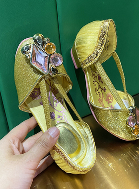 特价清仓美国迪士尼美女与野兽贝尔公主黄色高跟低跟公主鞋
