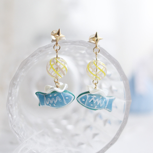 拾壹纪「吐泡泡的鱼」原创设计趣味蓝色小鱼玻璃球925银耳环耳夹