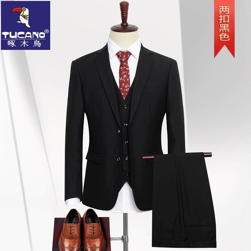 啄木鸟西服套装男加肥加大胖子商务正装大码西服外套结婚礼服黑色
