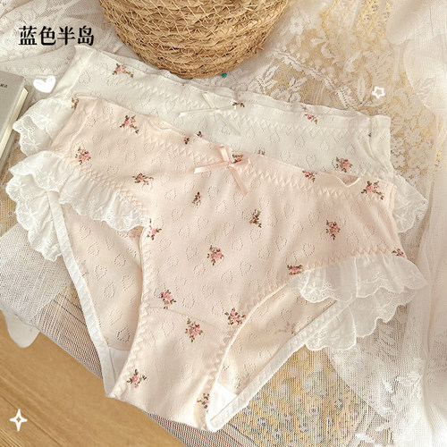 蓝色半岛内裤女生纯棉裆中腰蕾丝