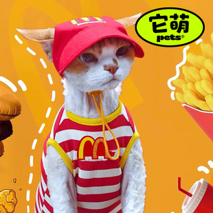 网红款 薄款 猫衣服无毛猫斯芬克斯德文猫空调可爱无袖 带帽背心 夏季