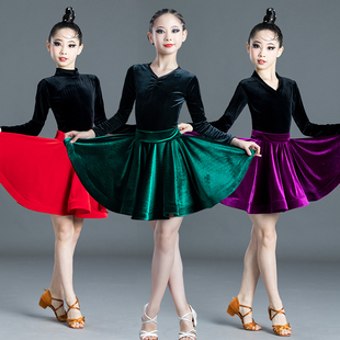 儿童拉丁舞蹈裙练功服女童秋冬季比赛演出少儿拉丁舞服装丝绒长袖