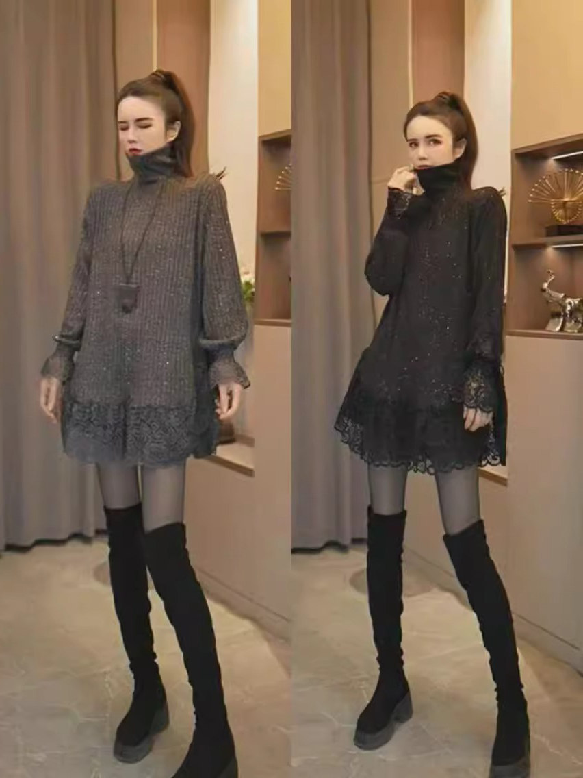 高领蕾丝打底衫女秋冬季2025新款内搭时尚洋气中长款长袖t恤上衣