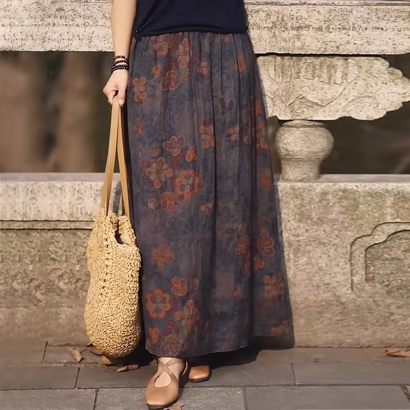 棉麻半身裙女夏季薄款2025新款高腰显瘦a字中长款小个子碎花裙子
