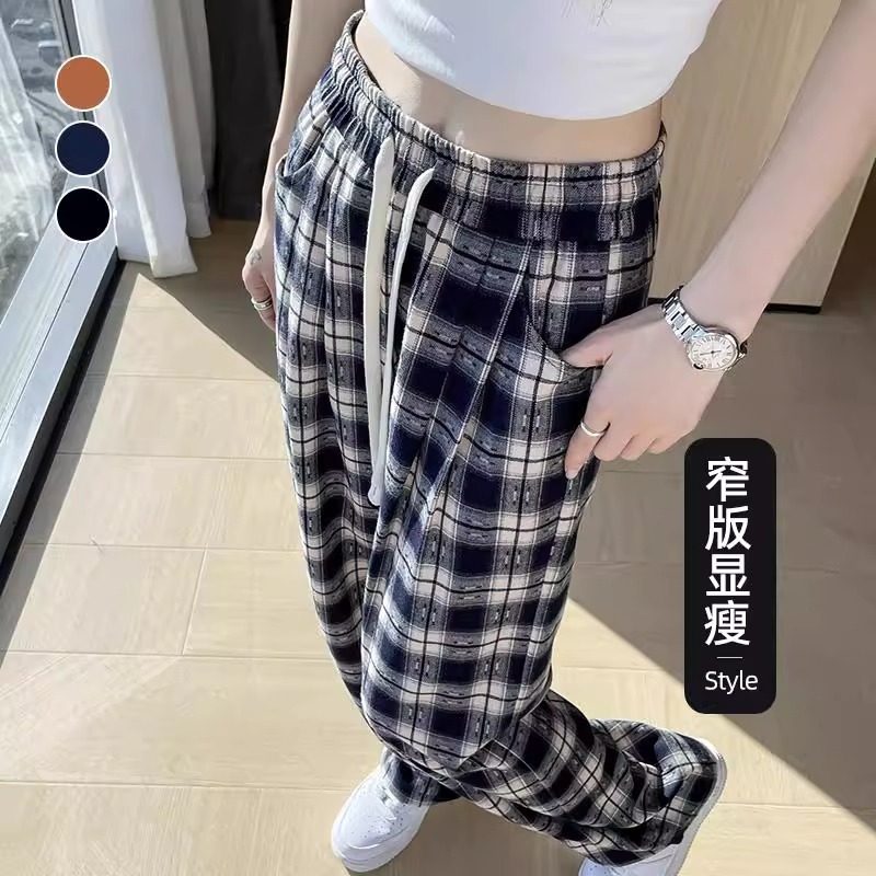 格子阔腿裤女夏季薄款2025新款高腰垂感大尺码显瘦小个子窄版直筒