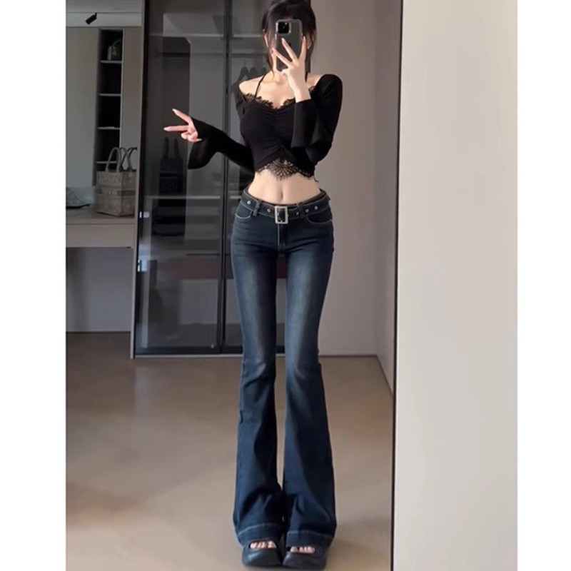 微喇牛仔裤女春秋2025年新款低腰修身显瘦高个子加长拖地喇叭裤子