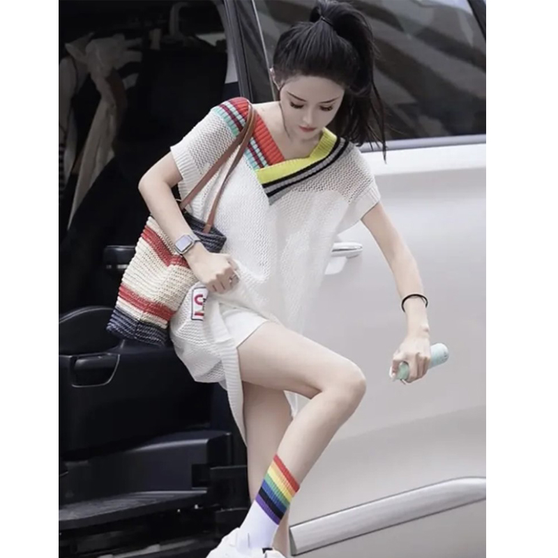 冰丝针织衫女夏季薄款2025新款宽松v领无袖t恤裙子镂空上衣连衣裙