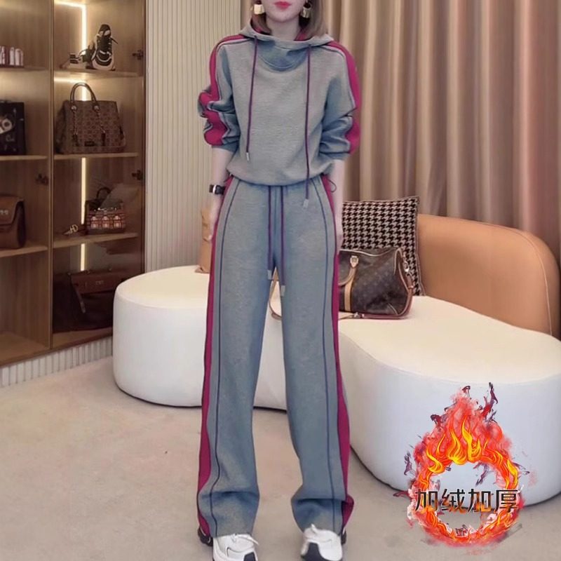 运动套装女秋冬加绒2025新款连帽卫衣阔腿裤子休闲时尚洋气两件套
