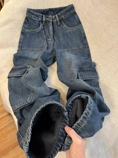 工装牛仔裤女秋冬加绒2025年新款高腰垂感直筒小个子拖地阔腿裤子