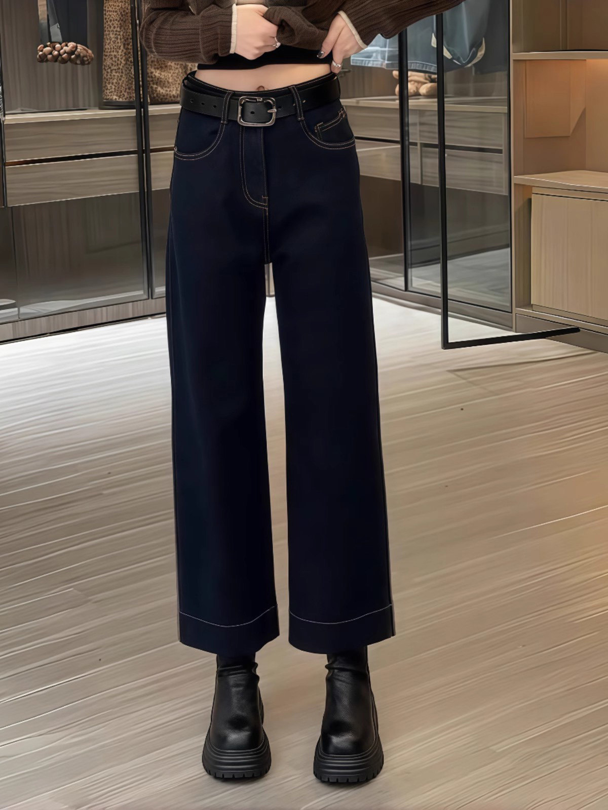 直筒牛仔裤女秋冬加绒2025年新款高腰宽松大码小个子九分阔腿裤子