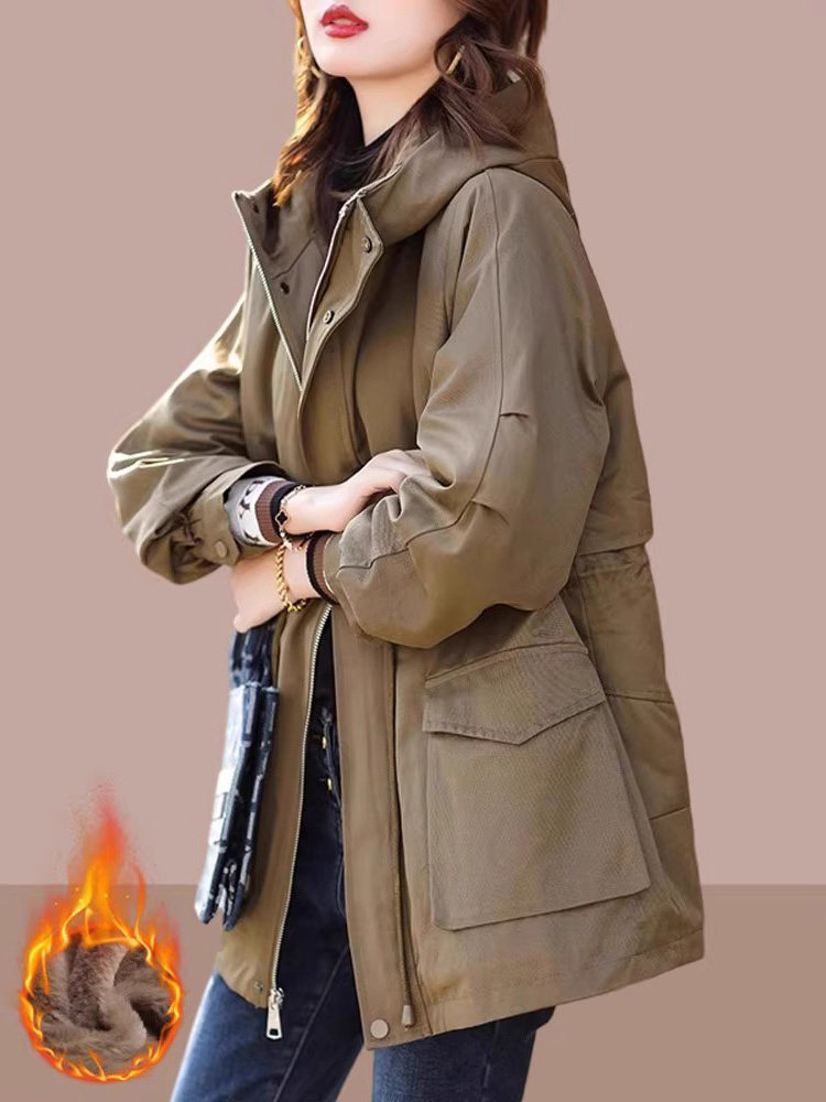 派克服棉服女秋冬2025年新款加绒加厚中长款大码连帽棉衣棉袄外套