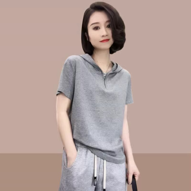 连帽短袖t恤女士夏季薄款2025新款宽松大码显瘦正肩半袖体恤上衣