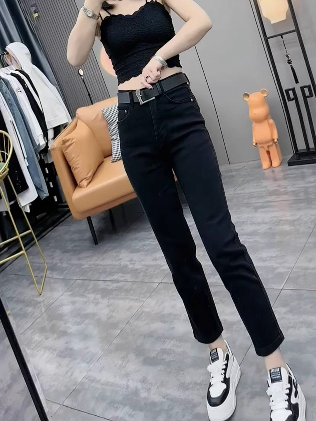 黑色直筒牛仔裤女秋冬加绒2025新款高腰宽松大码显瘦小个子烟管裤