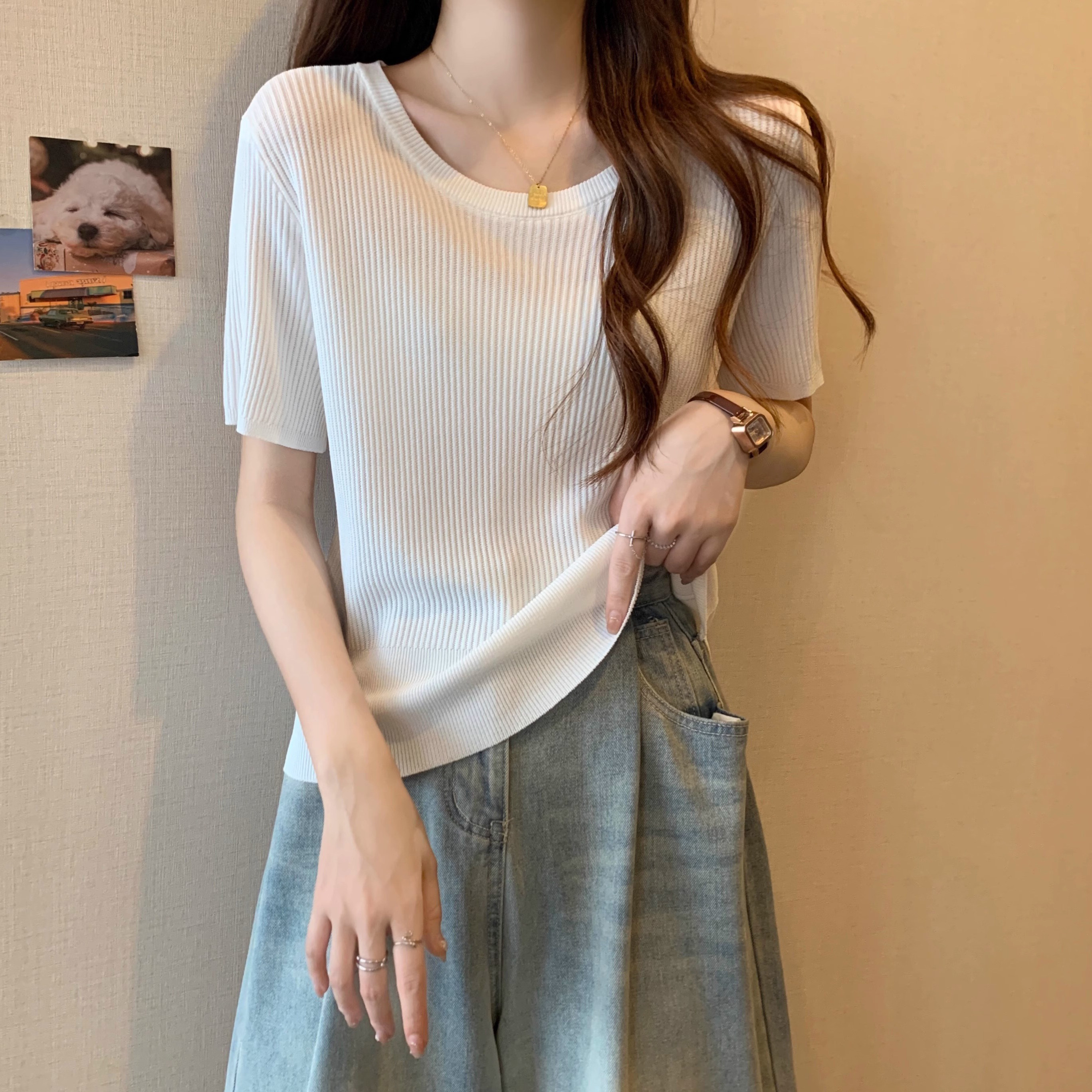 冰丝短袖t恤女夏季薄款2026新款宽松大码显瘦针织衫正肩半袖上衣