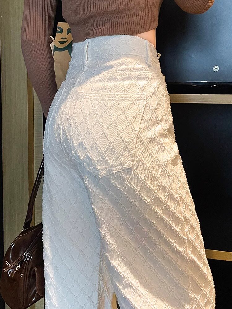 白色牛仔裤女秋冬2025年新款高腰垂感窄版直筒休闲拖地阔腿长裤子