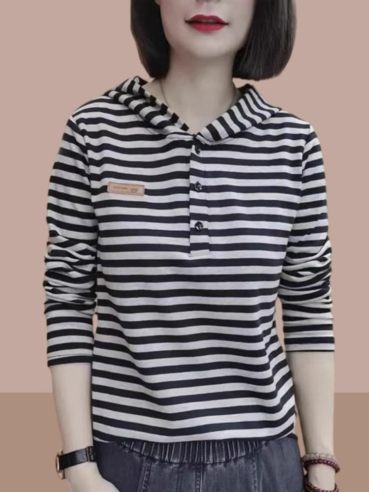 纯棉条纹长袖t恤女春秋薄款2025新款时尚洋气连帽卫衣打底衫上衣